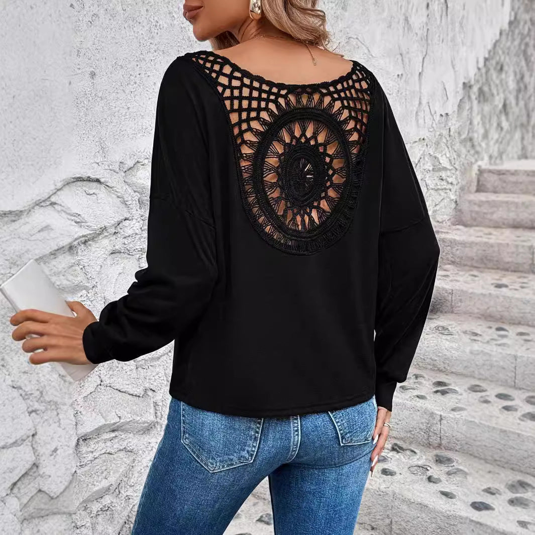 Damen Langarm T-Shirt mit dekorativem Häkelrücken EB