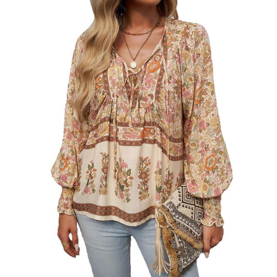 Damen Boho-Bluse mit Schleifenverzierung und floralen Mustern EB