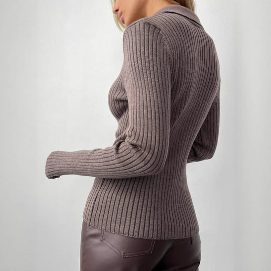 Damen Eleganter, gerippter Pullover mit tiefem V-Ausschnitt EB