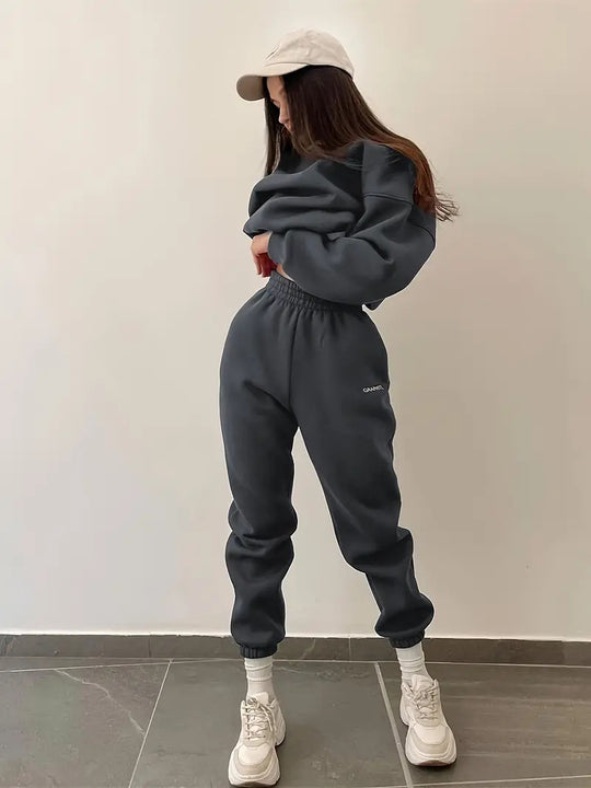 Damen nan Oversized kurz geschnittenes Sweatshirt mit High Waist Fleece Jogginghose Set EB