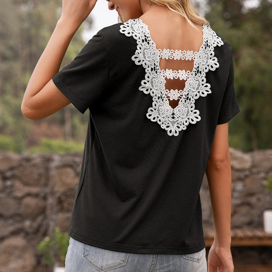 Damen T-Shirt mit Spitzen-Detail und V-Ausschnitt EB