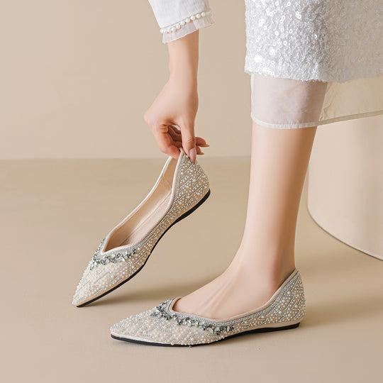 Damen Ballerinas mit funkelnder Strass- und Perlenverzierung EB
