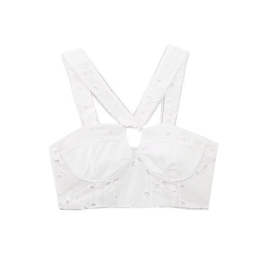 Damen Brokat-Crop-Top mit elegantem Ausschnitt und verzierten Trägern EB