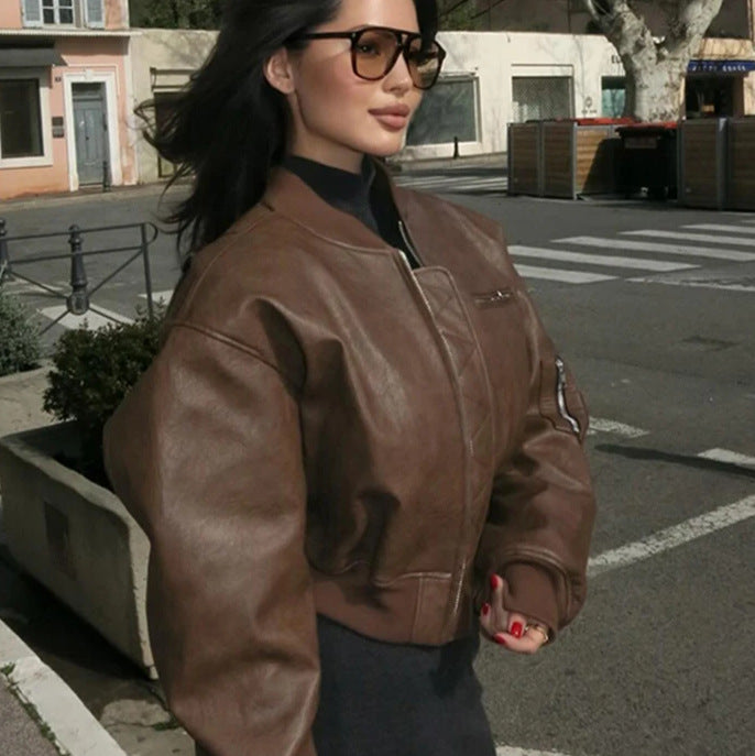 Damen modische Kunstleder Bomberjacke EB