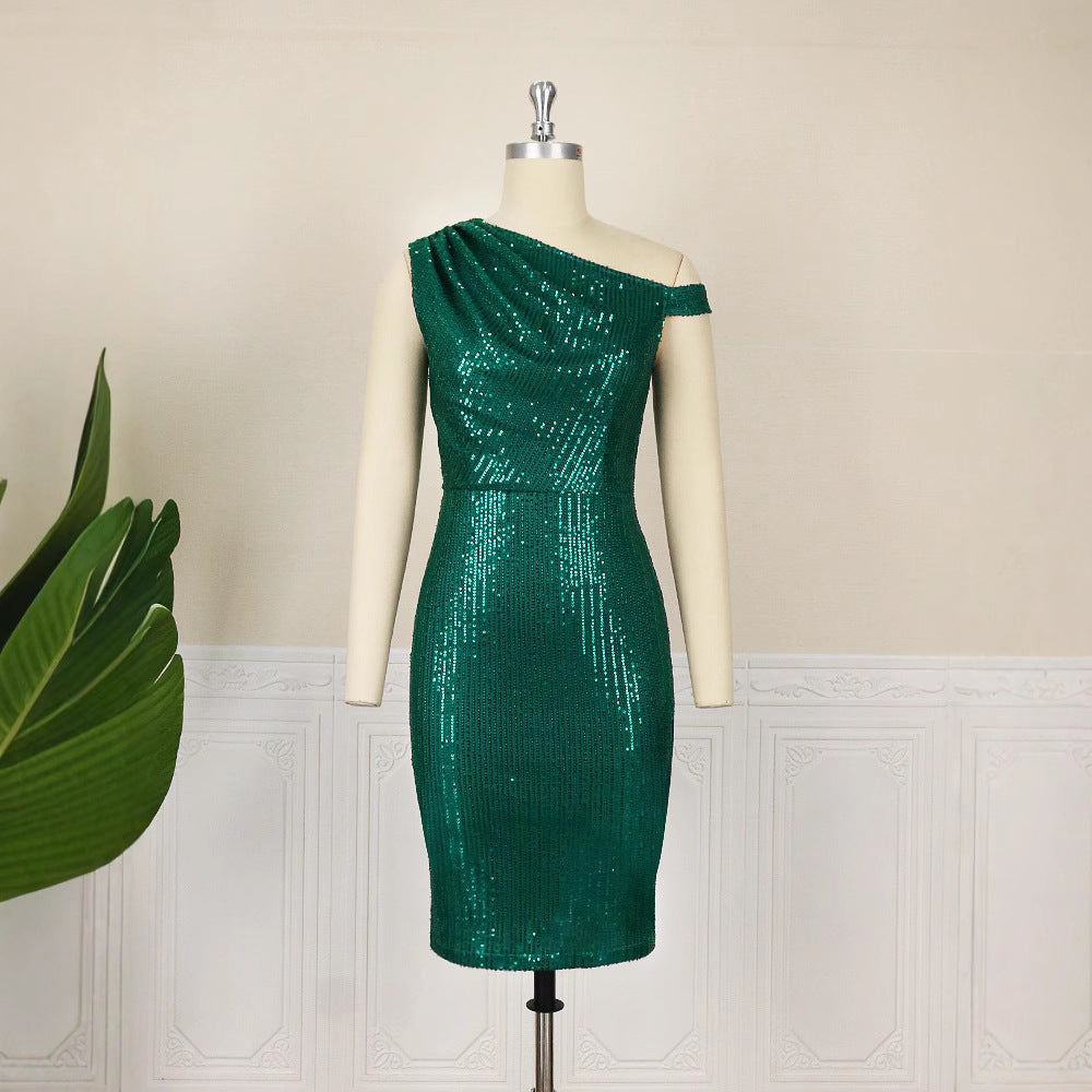 Damen figurbetontes Cocktailkleid mit asymmetrischem Schnitt und glitzerndem Stoff EB
