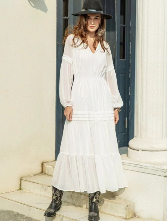 Damen Boho Maxikleid mit raffinierten Details und V-Ausschnitt EB