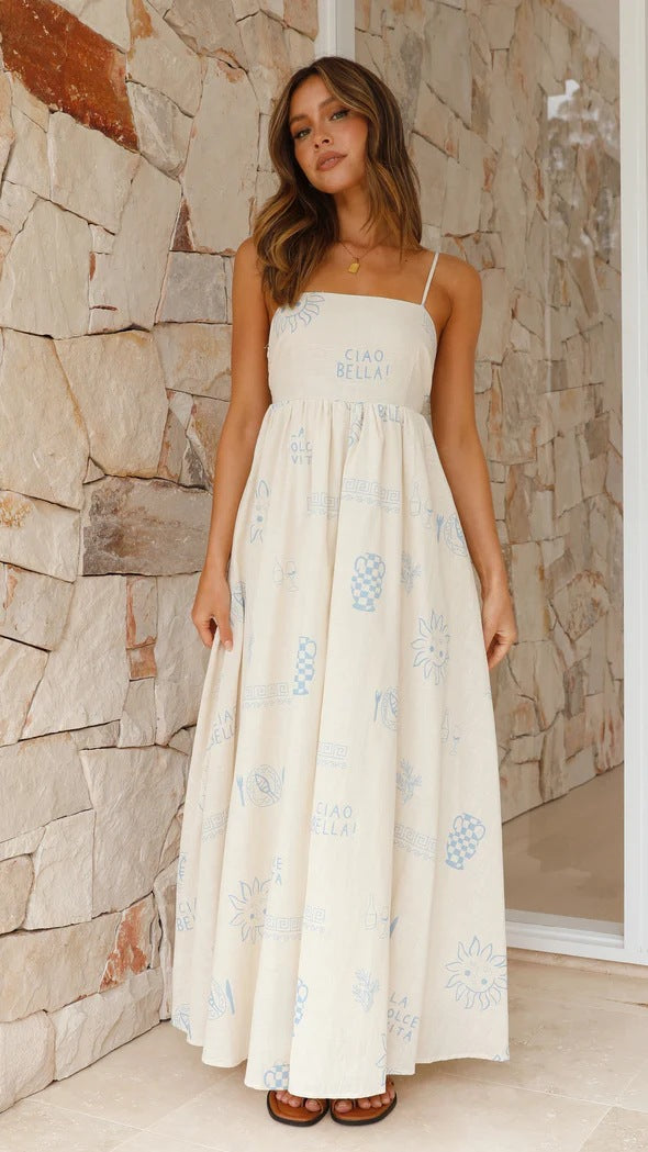 Damen Maxikleid mit gesmoktem Oberteil und verspieltem Grafikdesign EB