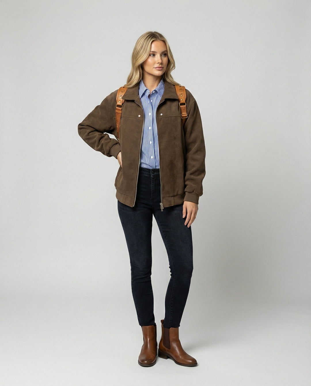 Japanische Vintage Baseball Jacke Damen Braun Suede Herbst Übergangsjacke