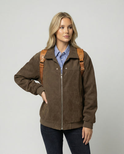 Japanische Vintage Baseball Jacke Damen Braun Suede Herbst Übergangsjacke