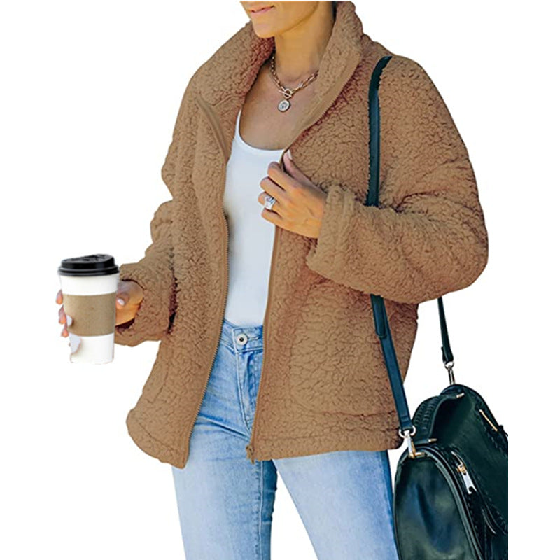 Damen kuschelige Fleecejacke mit Oversized-Schnitt und tiefem Kragen EB