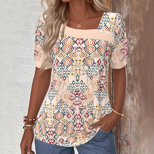 Damen Blusenshirt mit strukturiertem Grafikdesign und eleganten Knopfdetails Heidi-Mode