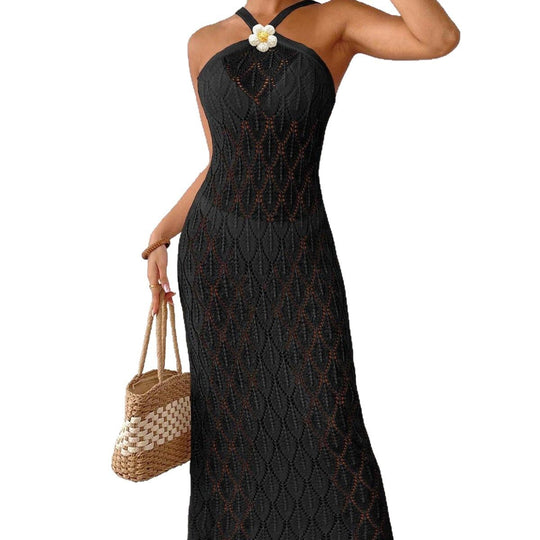 Damen Häkel-Maxikleid mit einem eleganten Blumendetail EB