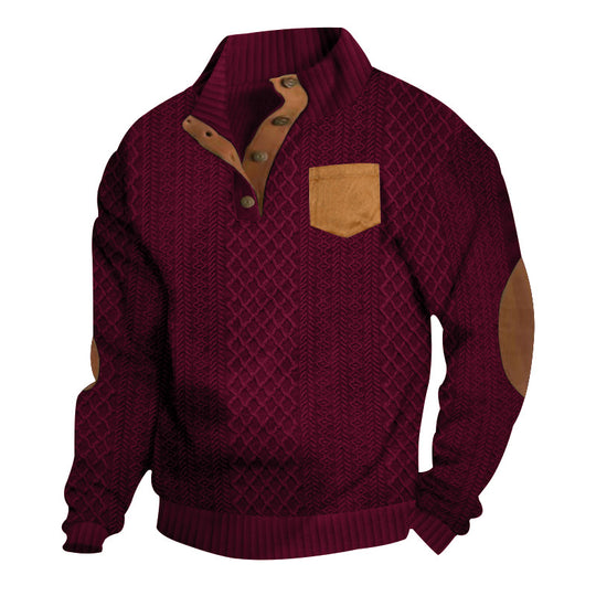 Herren Strukturiertes Kabelstrick-Sweatshirt mit Halbknopfblende, Kunstleder‑Patchtasche & Ellbogenpatches EB