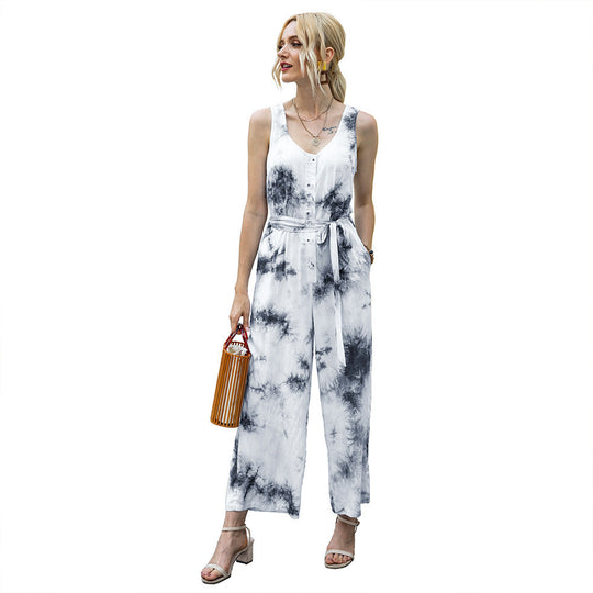 Damen lässiger Jumpsuit mit modischem Bindegürtel und Knopfleiste EB