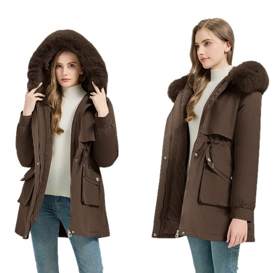Damen Modische Pufferjacke mit abnehmbarem Kunstpelzkragen und funktionalen Taschen EB