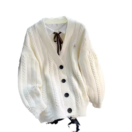 Damen Grobstrick-Kardigan mit tiefem V-Ausschnitt und Knopfdetails EB