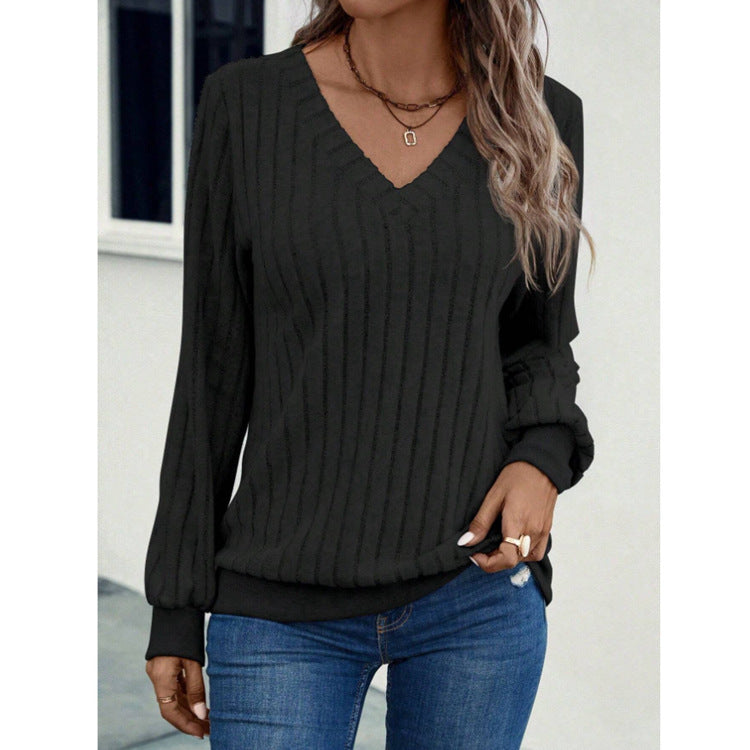 Damen Strickpullover mit V-Ausschnitt und dekorativen Rippdetails EB