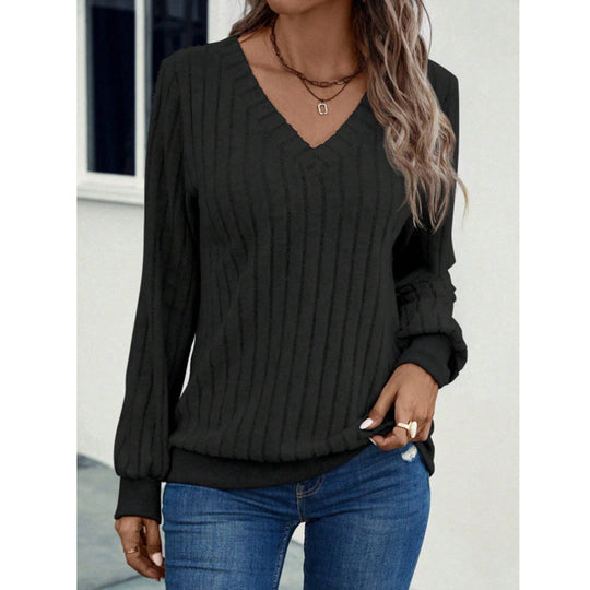 Damen Strickpullover mit V-Ausschnitt und dekorativen Rippdetails EB
