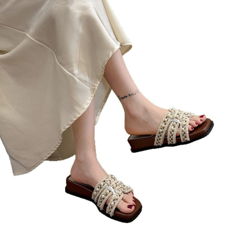 Damen Dekorative Sandalen mit eleganten Perlenapplikationen EB