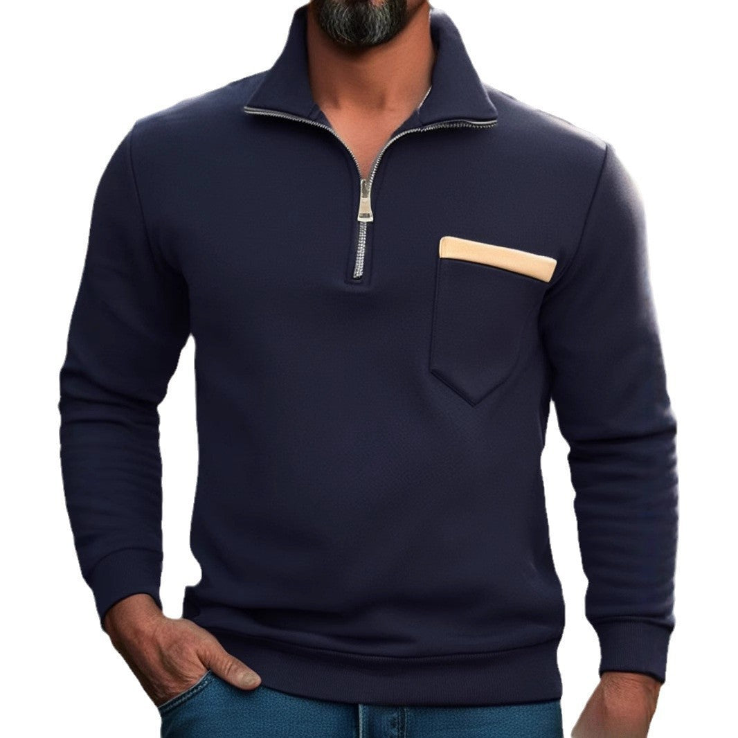 Herren nan feinstrukturiertes Halbzip-Feinstrickpullover mit Stehkragen, Brusttasche und schmaler Silhouette EB