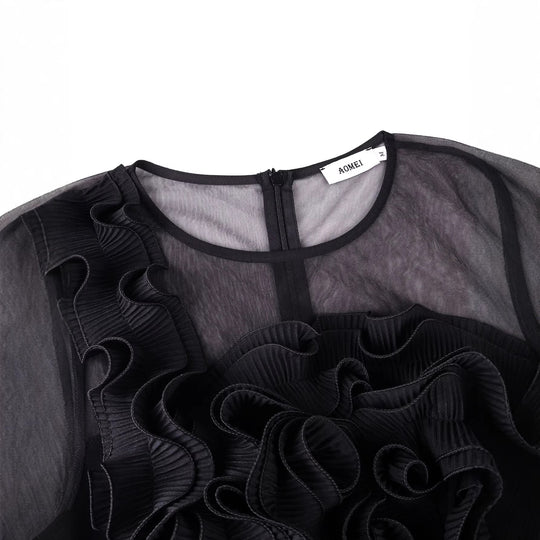 Damen elegantes Cocktailkleid mit voluminösen Rüschendetails und Fransen EB