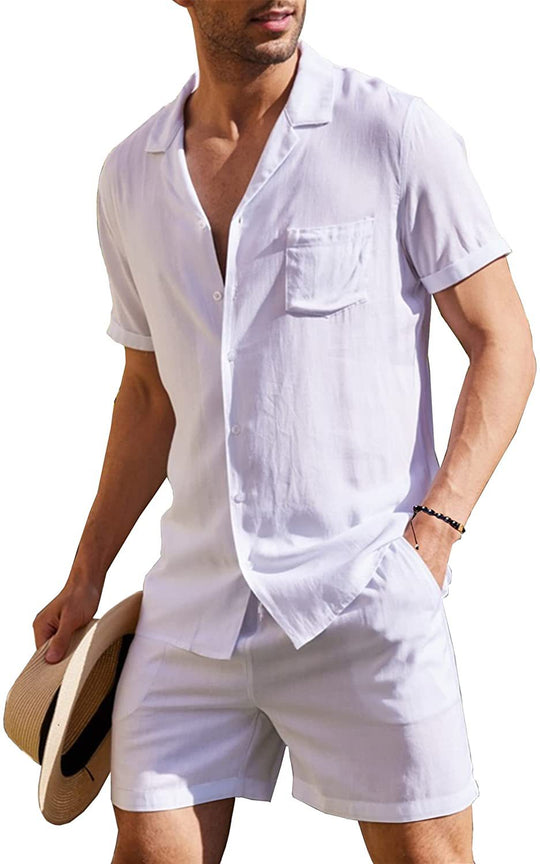 Herren nan zweiteiliges Sommer-Freizeitensemble mit offenem Revershemd und elastischer Kurzhose EB