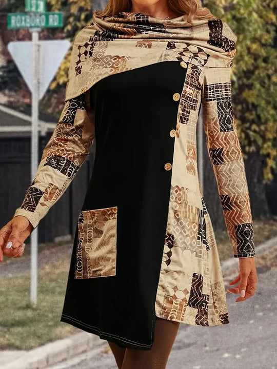 Damen modisches Tunika-Kleid mit kunstvollem Patchwork-Design und Knopfdetails EB