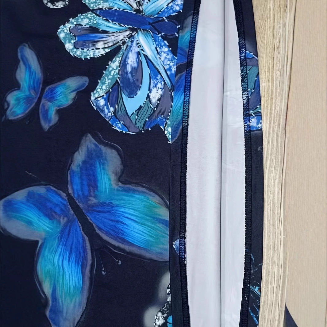 Damen Maxikleid mit schimmerndem Schmetterlingsdesign und praktischen Taschen EB