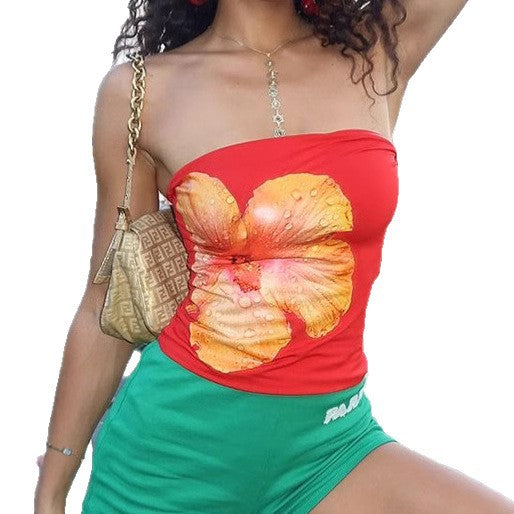 Damen Bandeau-Top mit stilvollem Blumendruck und elastischem Bund EB