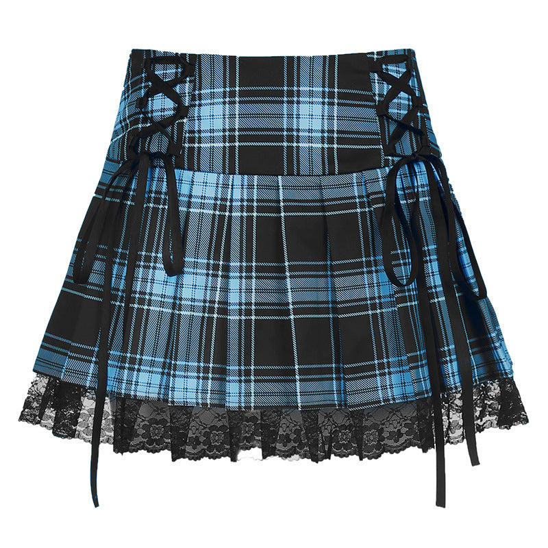 Damen karierter Minirock mit Spitzenabschluss und Schnürdetails EB