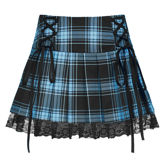 Damen karierter Minirock mit Spitzenabschluss und Schnürdetails EB