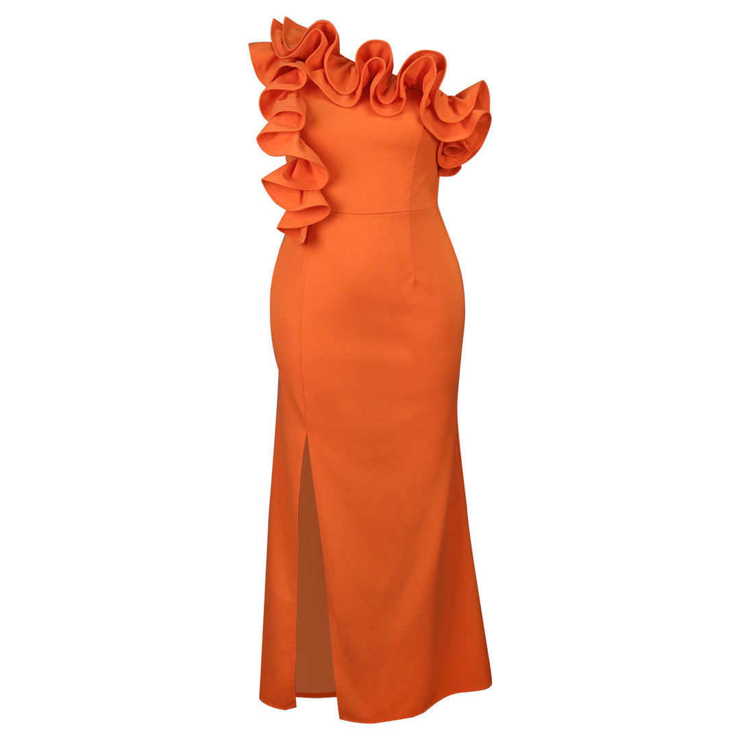 Damen Elegantes Maxikleid mit asymmetrischem Rüschenakzent und sexy Schlitz EB