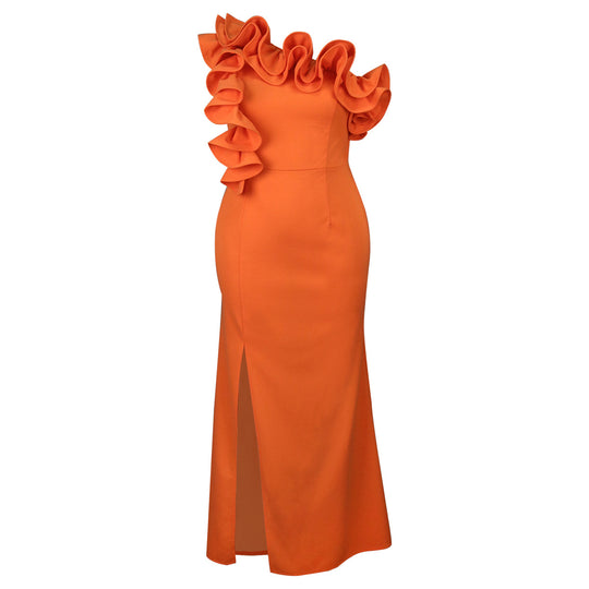 Damen Elegantes Maxikleid mit asymmetrischem Rüschenakzent und sexy Schlitz EB