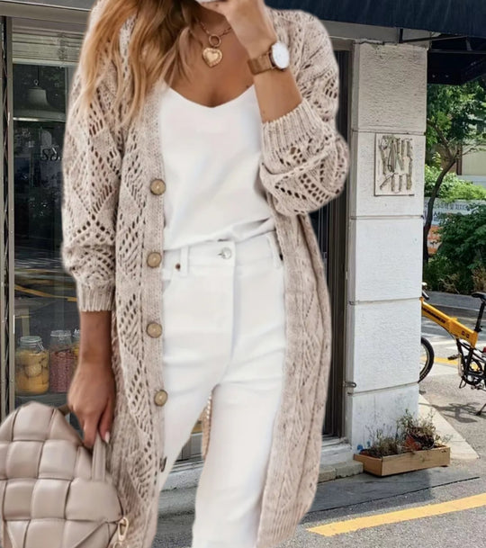 Damen Strickjacke mit kunstvollem Lochmuster und Knopf-Detail EB