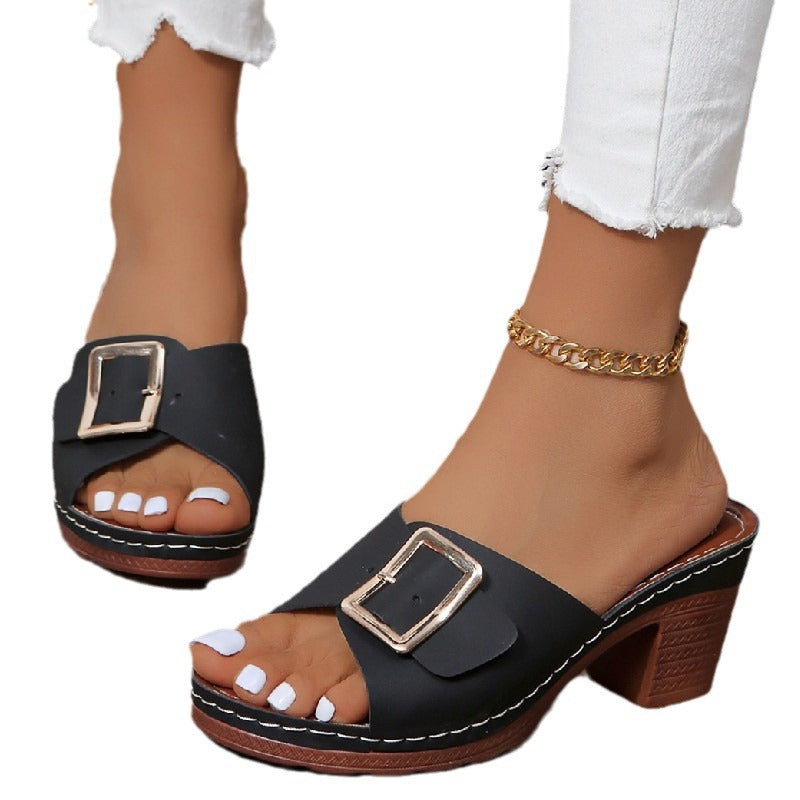 Damen elegante Riemchen-Pantoletten mit modischem Schnallen-Design EB