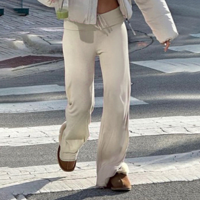 Damen nan weiche Highwaist-Loungehose aus Baumwollmix mit elastischem Komfortbund, Bindekordel und geradem Bein EB