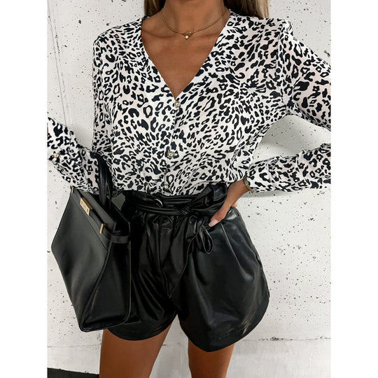 Damen Knopf-bluse mit Leopardenmuster EB