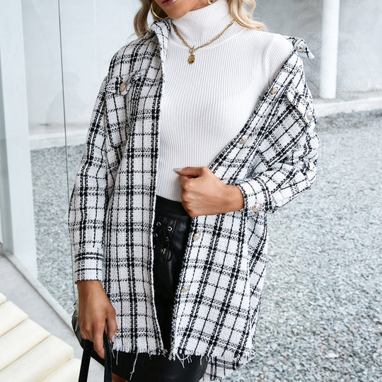 Damen Karierte Overshirtjacke mit lässigem Schnitt und Fransen EB