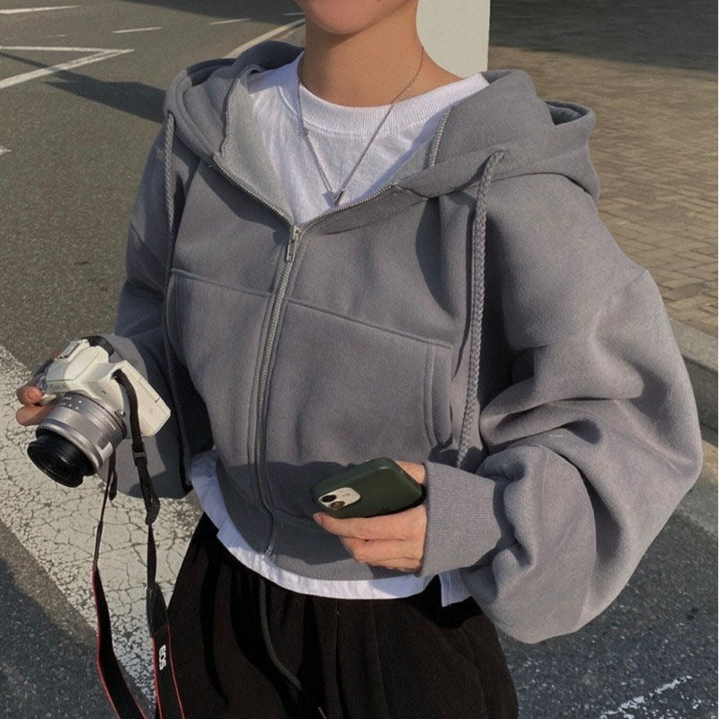 Damen nan oversized cropped Kapuzenjacke mit Reißverschluss und Ballonärmeln EB