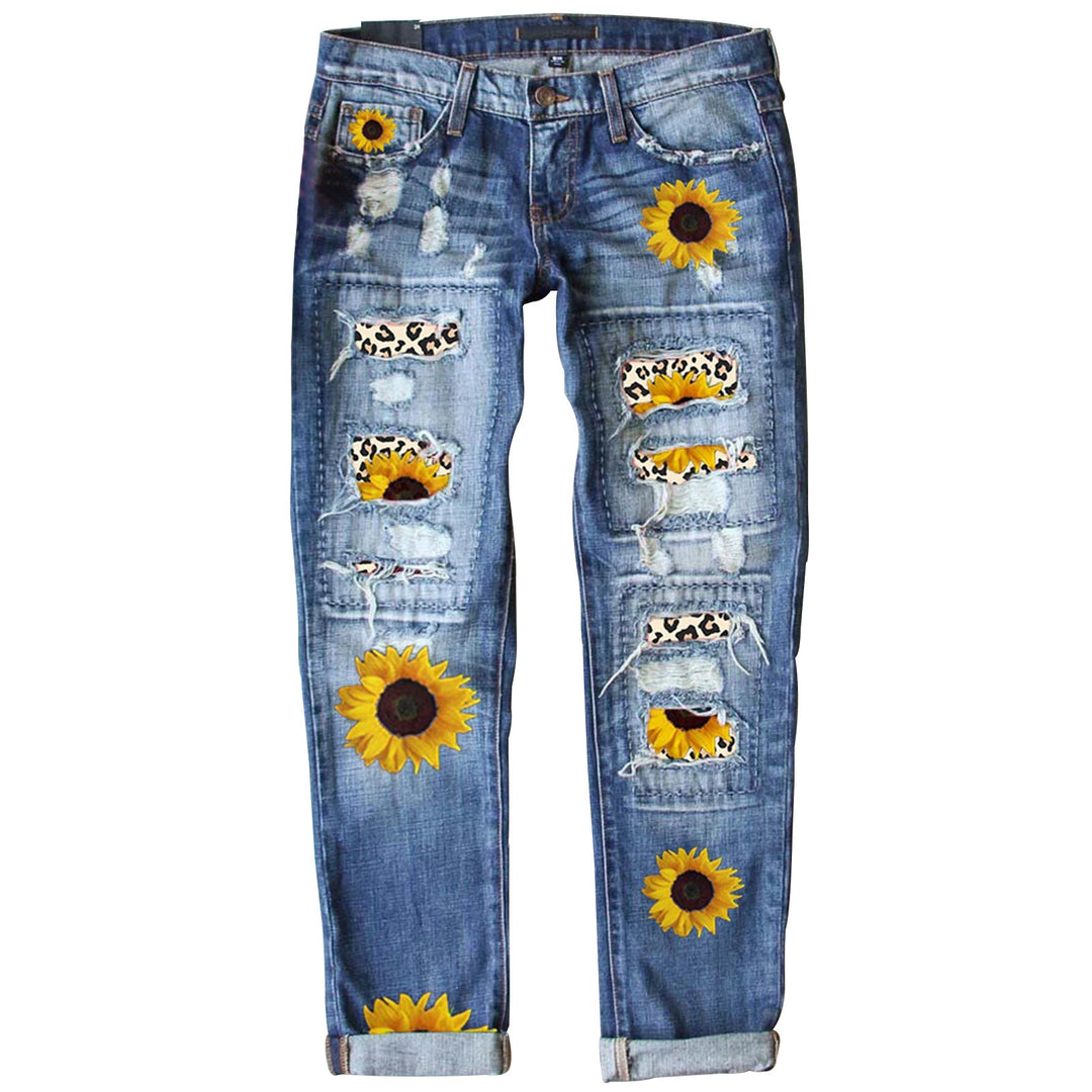 Damen nan verwaschene schmale Jeans mit Leopardenpatches und Glitzerbesatz EB
