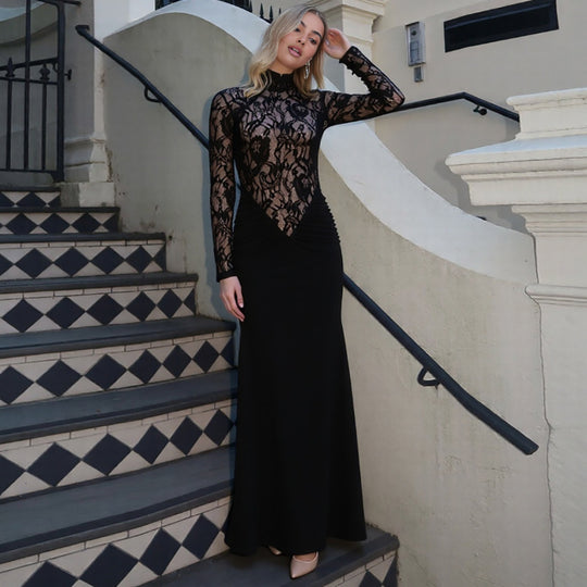 Damen Elegantes Langarm Kleid aus Spitze mit geraffter Silhouette EB