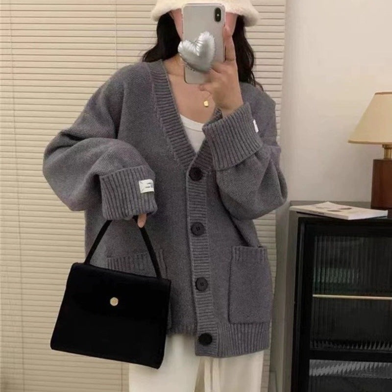 Damen Grob gestrickter Cardigan mit großen Taschen und tiefem V-Ausschnitt EB
