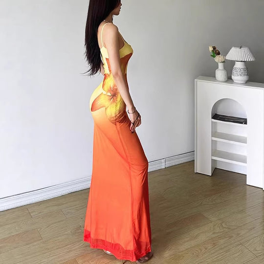 Damen figurbetontes Abendkleid mit Spaghettiträgern und Farbverlauf EB