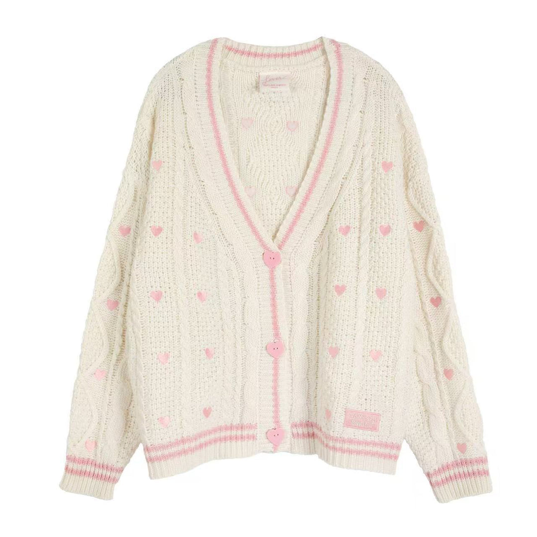 Damen nan grob gestrickter V-Ausschnitt-Cardigan mit Herzapplikationen und dekorativen Herzknöpfen EB