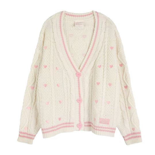 Damen nan grob gestrickter V-Ausschnitt-Cardigan mit Herzapplikationen und dekorativen Herzknöpfen EB