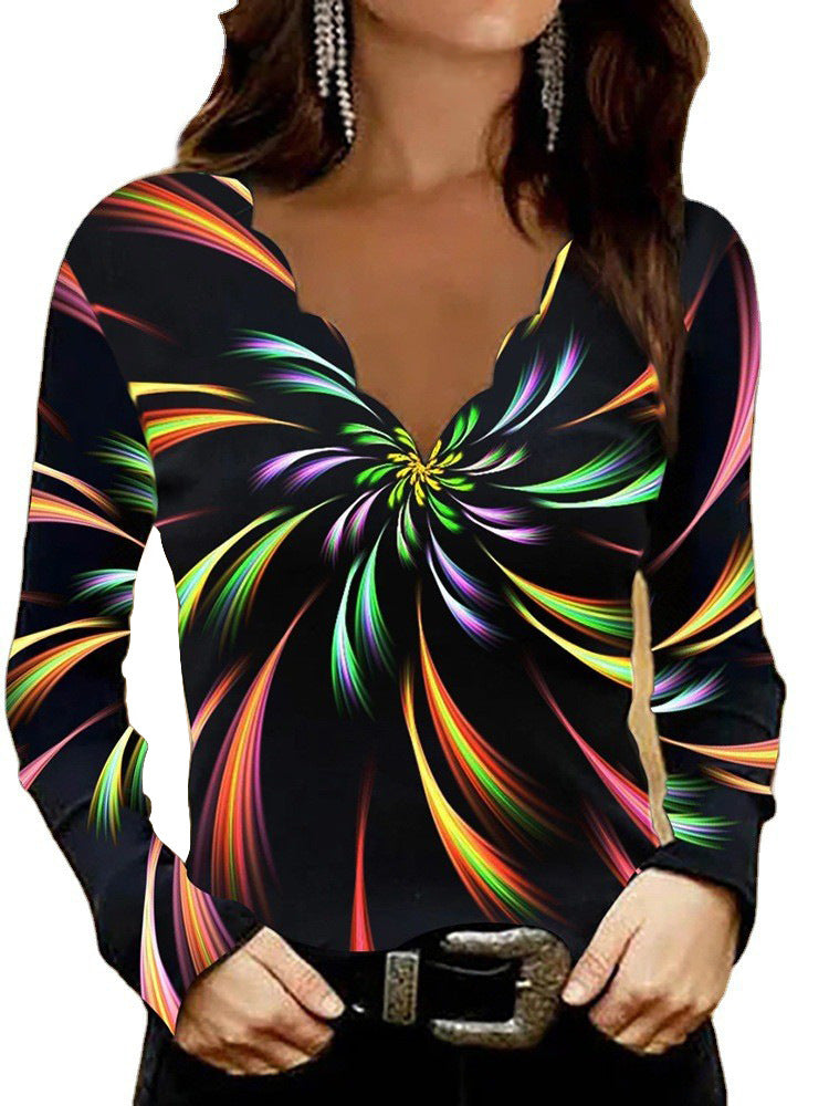 Damen Glitzer-Intarsien Langarmshirt mit V-Ausschnitt und Schmuckstein-Effekt EB