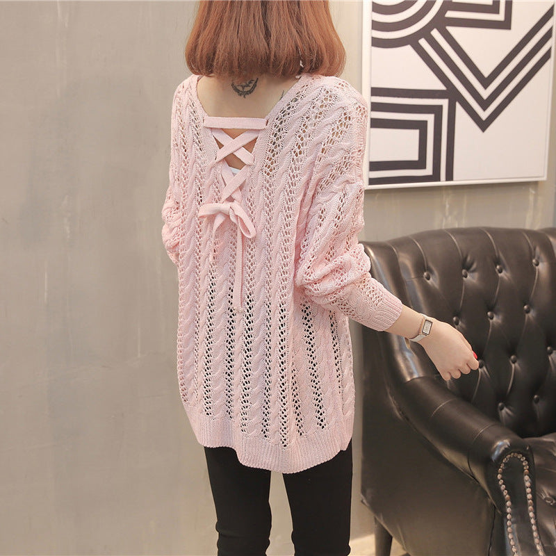 Damen Strickpullover mit Off-Shoulder-Design und Rückenschnürung EB