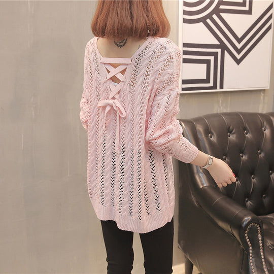 Damen Strickpullover mit Off-Shoulder-Design und Rückenschnürung EB