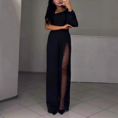 Damen Eleganter Jumpsuit mit transparenten Einsätzen und Pailletten EB