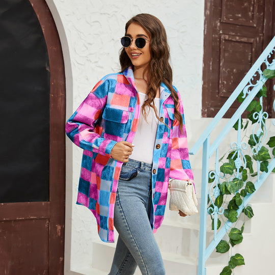 Damen Karierte Flanelljacke mit praktischen Taschen und oversize Schnitt EB